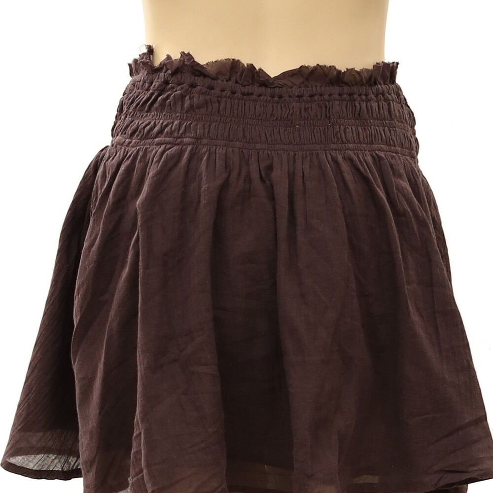 Free People Free-Est Mini Skirt Smocked Pull-On Ruffle Brown Cotton S 289263 - Picture 5 of 6